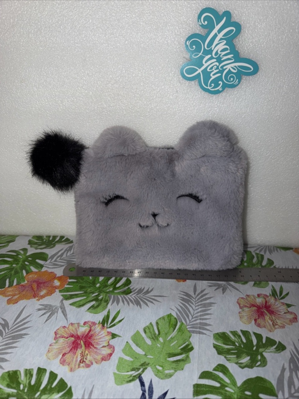 Plush Gray Cat Face Wristlet with Black Pom